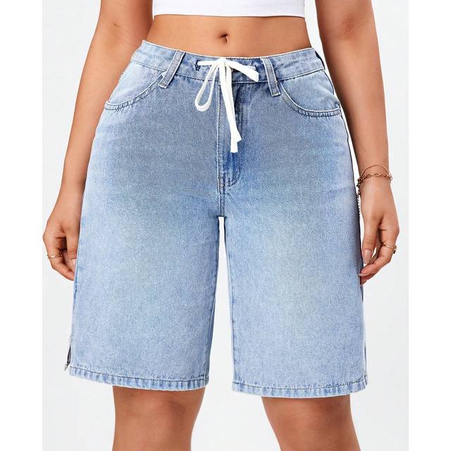 SHEIN Women&#39;s Drawstring Waist Bermuda Denim Shorts With Pockets, Casual