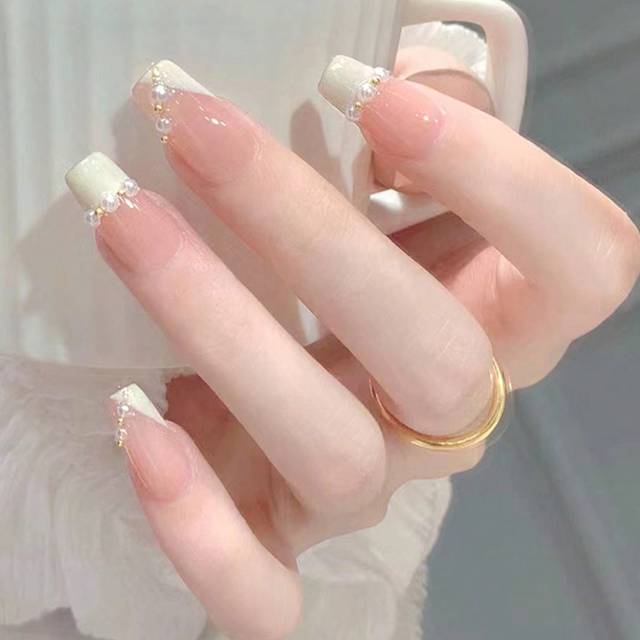 SHEIN Change Your Nails With A Little Romance, 24pcs Coffin Shaped False Nail Tips With Stylish Pearl Decoration, Long Press On Nails For Party, Dance Or Da