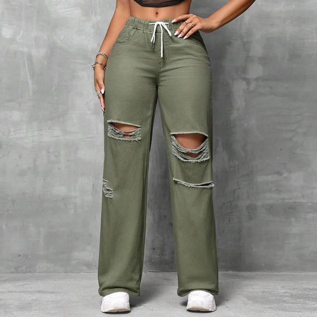SHEIN Ladies&#39; Loose Fit Casual Straight Leg Jeans With Waist Tie And Distressed Details
