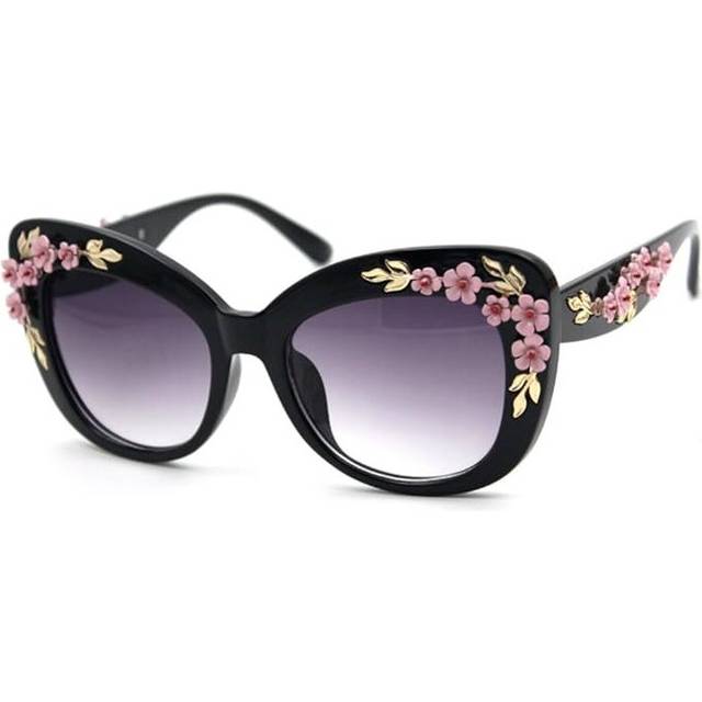 Women's S4230B2 Plastic Floral Embellished Party Novelty Cat Eye 53mm Sunglasses (black) Medium