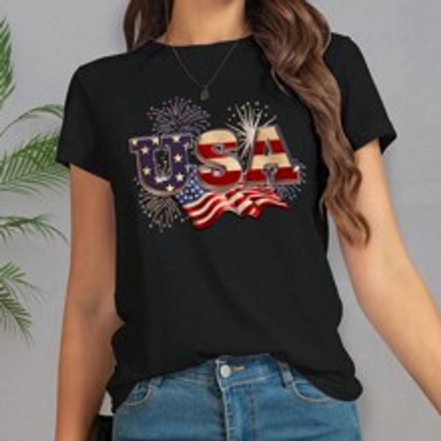 Moderiktig sommartröja för kvinnor med kortärmad sommartröja med grafiska tröjor med usa-tryck - Svart (L,M,S,XL)