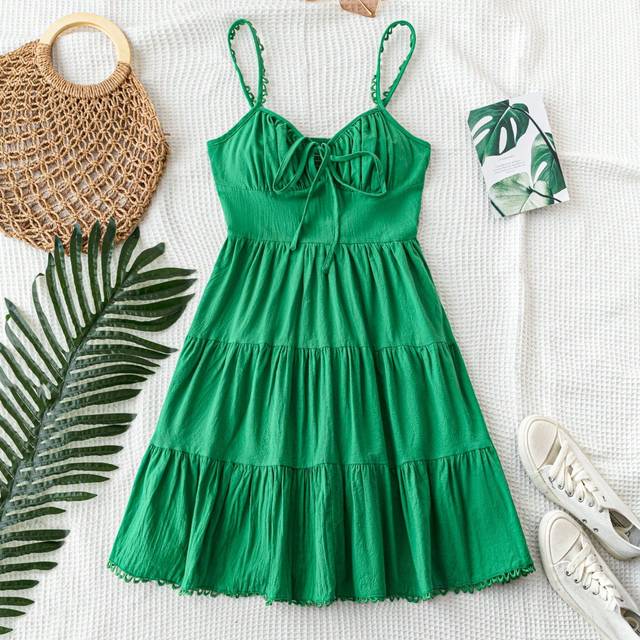 Soleia Women Summer Holiday Casual Green Tiered Lace Spaghetti Strap Mini Dress With Chest Cup, Ruffles And Wide A-Line Dress, Tie-Up Front, Elastic Waist An