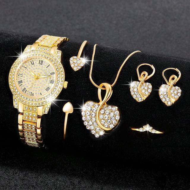 SHEIN 6 Piece Gorgeous, Elegant Women&#39;s Quartz Watch With Heart Jewelry Pendant Necklace, Earrings, Rings, Bracelet Set, Perfect Gift For Ladies, Diamond Al