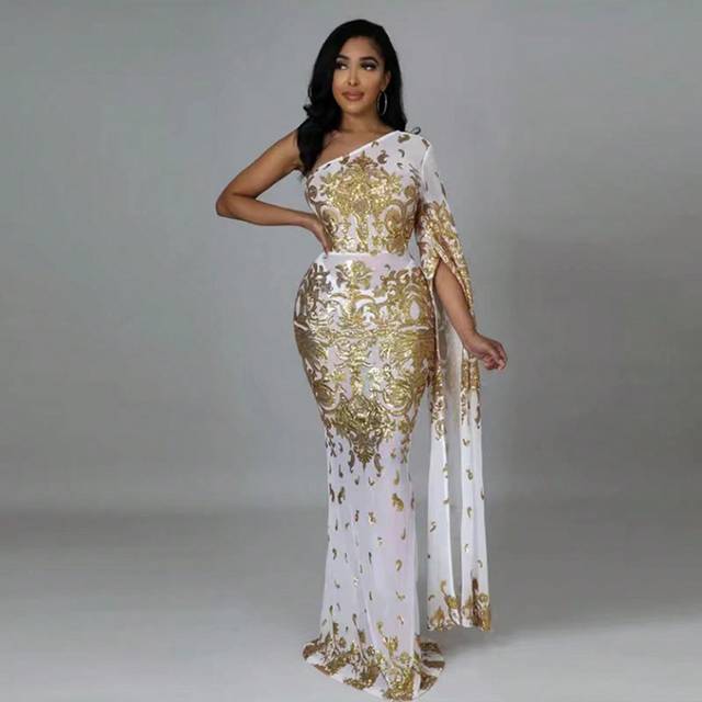 SHEIN 1pc One-Shoulder Long Sleeve Mesh & Sequin Patchwork Party Dress