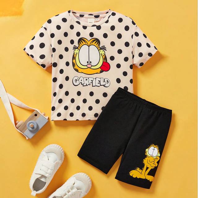 SHEIN Young Girl Cartoon Polka Dot Printed Short Sleeve Top And Cycling Shorts 2-Piece Set For Summer