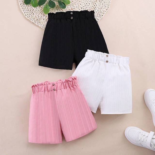 SHEIN 3pcs Tween Girl Casual Solid Color Stud Button Shorts, Summer