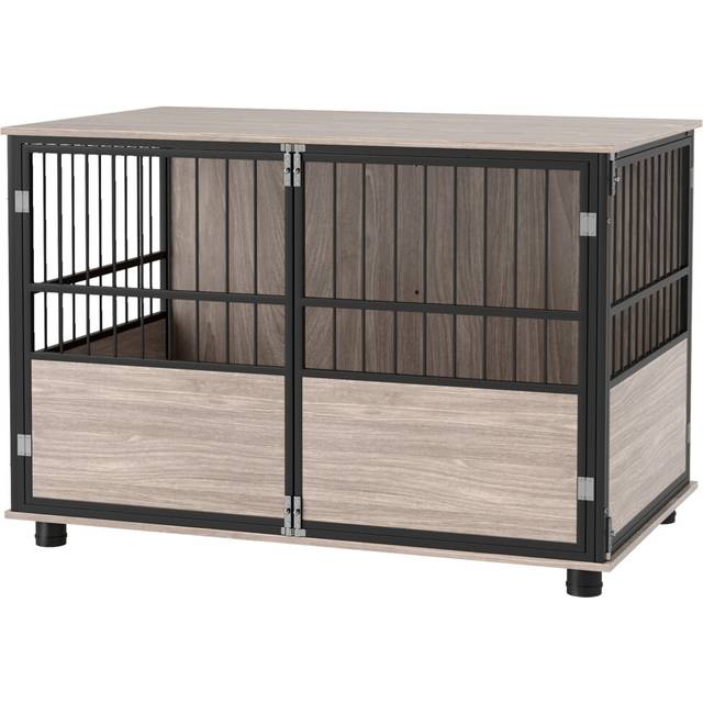 PawHut 100cm Dog Crate Furniture Dog Cage End Table Indoor W/ Doors, Cushion, Brown