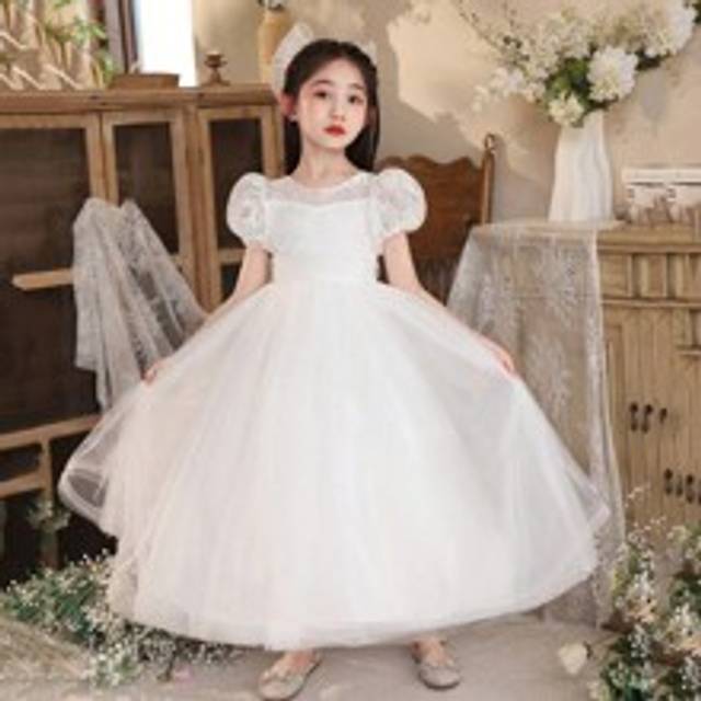 Tween Girl White Puff Sleeve Spets Patchwork Tyll Bröllop Flower Girl Dress - Vitt (6Y,7Y,9Y,10Y,11-12Y,5Y)