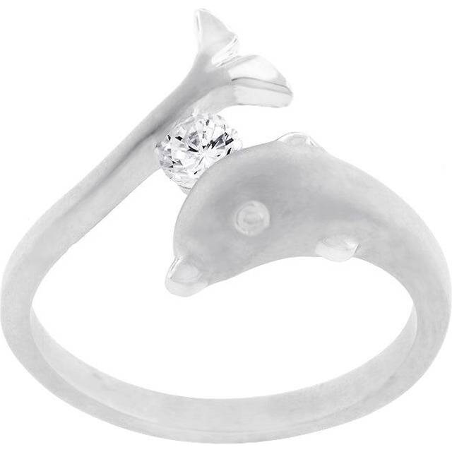 Silvertone Matte Finish Cubic Zirconia Dolphin Ring