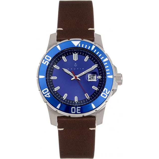 Nautis Mens Dive Pro 200 Leather-Band Watch w/Date - Blue Stainless Steel - One Size