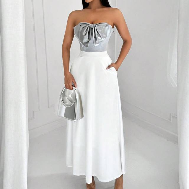 SHEIN Women&#39;s Simple Minimalist Commute Black & White Colorblock A-Line Dress With Bow