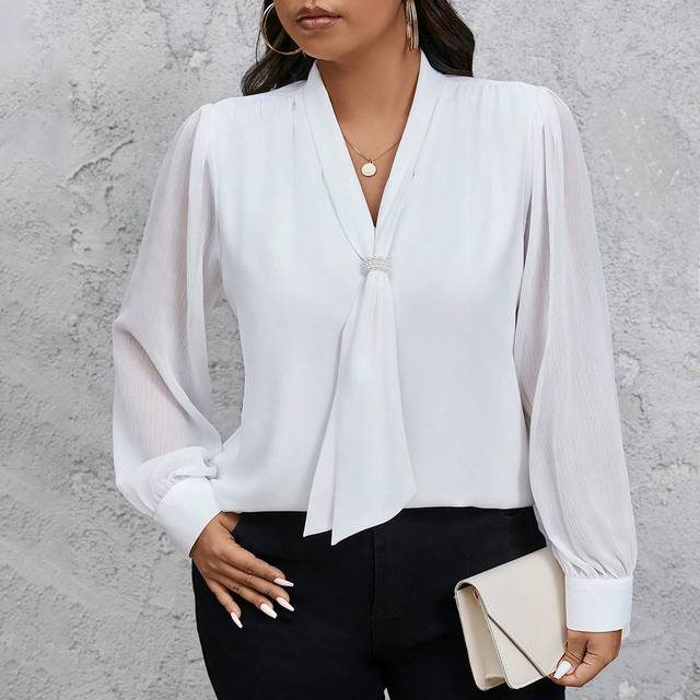 PrivÃ©a Plus Size Women&#39;s Elegant Pearl Collar Decor Work Commute Daily Chiffon Textured Slim Fit White Blouse, Spring Autumn