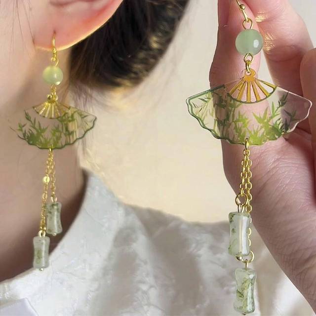 MESTILO 1pair Chinese Style Metal & Resin Transparent Bamboo Folding Fan Tassel Earrings For Women&#39;s Daily Qipao Embellishment