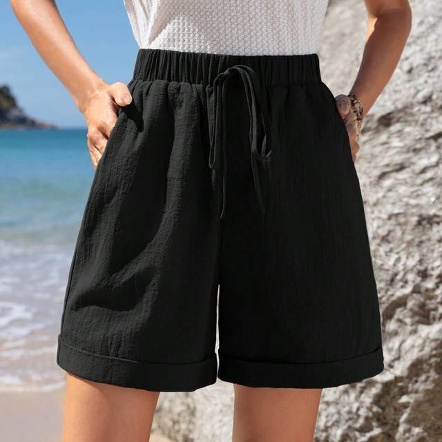 EMERY ROSE Elastic Waist Tie Rolled Hem Slant Pocket Casual Shorts Summer Green Shorts Cotton Women Shorts