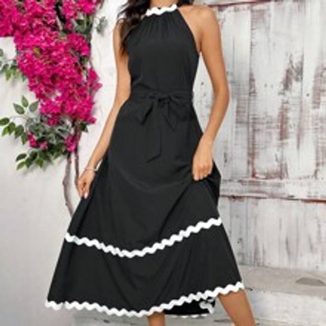 Dam Elegant Color-Block Kontrast Tejp Halter Lång Klänning för sommar - Svart (L,M,S,XL)