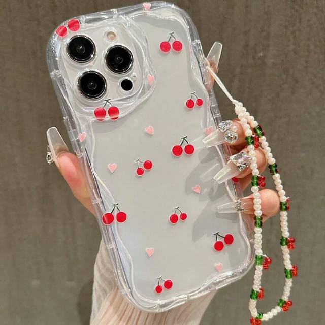 SHEIN Apple Retro Heart Cherry Decor Hanging Cord Shock-Proof Phone Protective Case, Fashionable TPU Accessory Compatible With Iphone 11 12 13 14 15 16Pro M