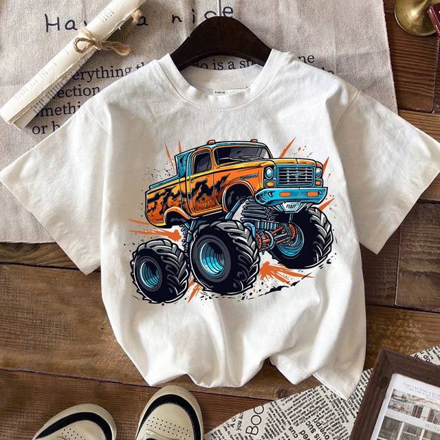 SHEIN ModeFlare Wear Young Boy Casual Simple Car & Monster Truck Print Short Sleeve Crew Neck T-Shirt, Suitable For Summer