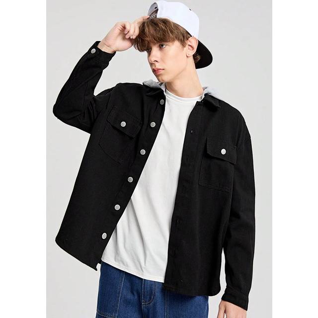 SHEIN Teen Boy Fashion Casual Contrasting Knit Hooded Black Denim Jacket For Dailywear And Back To School Clothes
