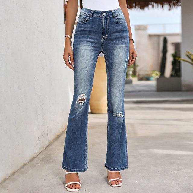SHEIN Women Dark Blue Distressed Flared Denim Long Jeans With Pockets