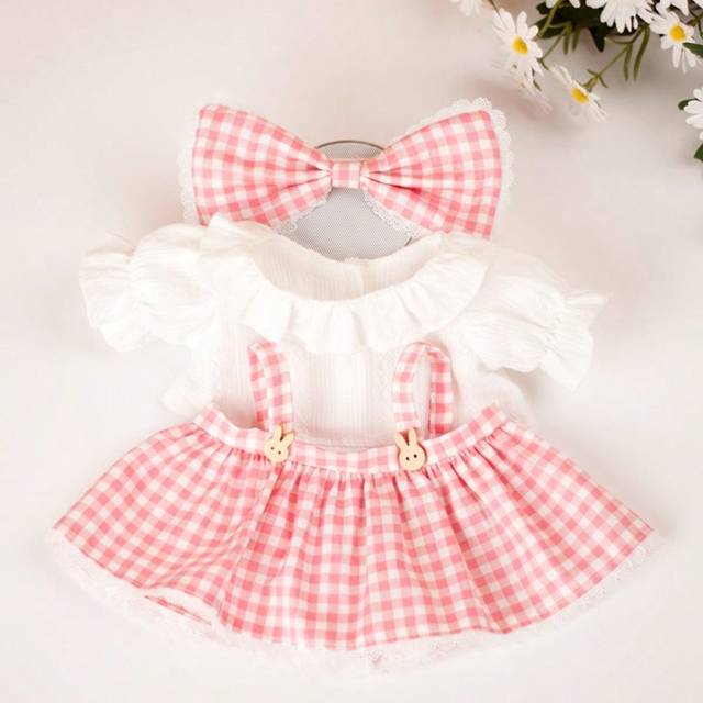 SHEIN 1set New Pink Checkered Wooden Buttoned Dress Doll Clothes Replacement Kit - Includes 1 Bowknot + 1 Top + 1 Skirt, For Stuffed Animal/Cute Doll/Clothi