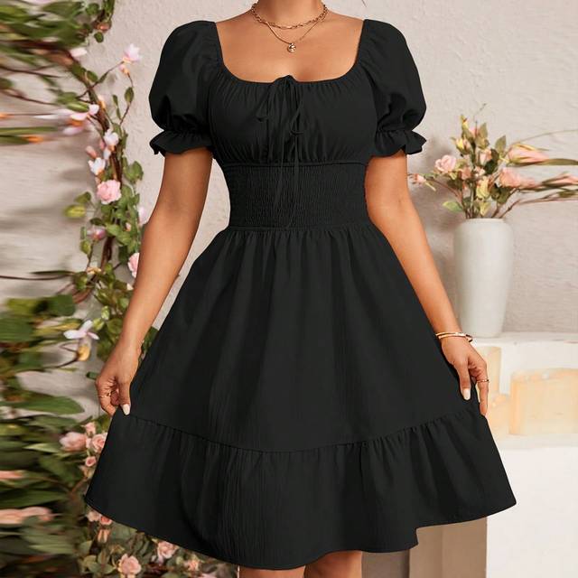 Rafferiza Summer Simple Puff Sleeve Tie Front Ruffle Hem Dress
