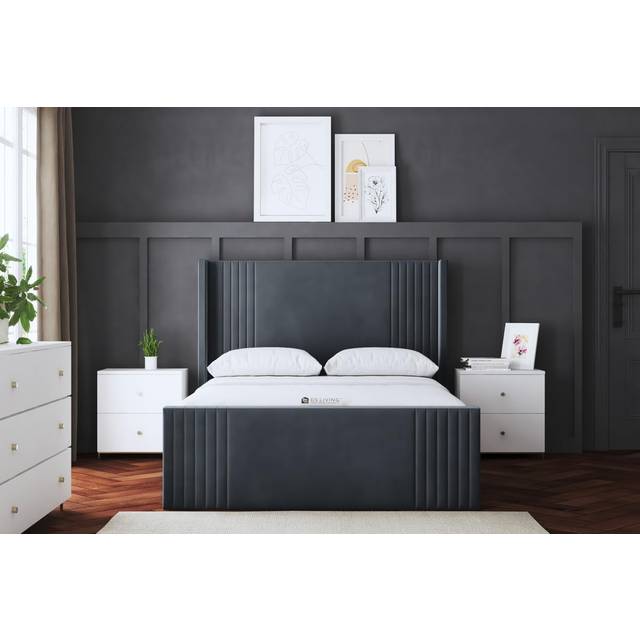Elara Winged Steel Upholstered Bed With Ottoman Metal Gas Lift King