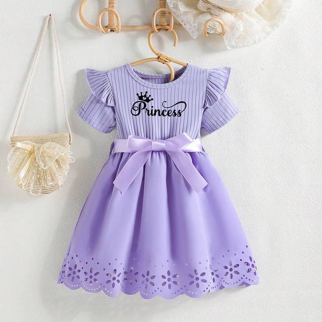 SHEIN Girls&#39; Cartoon Cute Puppy Printed Bow Belt Hollowed-Out Short Sleeve Round-Neck Dress