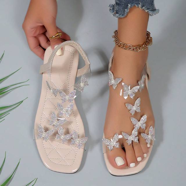 SHEIN Summer Bowknot & Rhinestone Elegant Flat High Heel Peep Toe Sandals & Slippers For Women, Bohemian Party Shoes Valentines