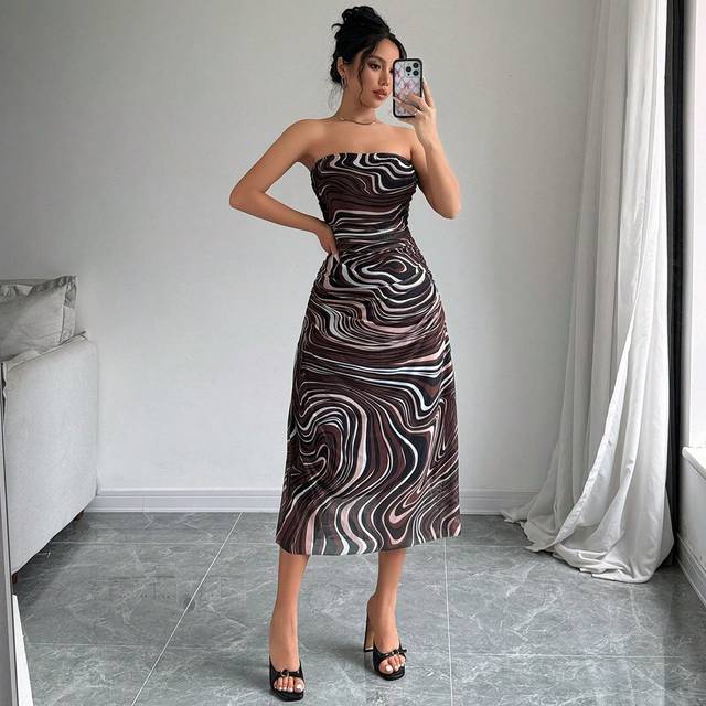 Firerie Women&#39;s Allover Print Mesh Split Thigh Elegant Semi Formal Dress Tube Dress, Suitable For Dating And Graduation Party. Oktoberfest, Back To School Sea