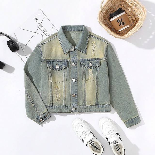 SHEIN Tween Girls Vintage Butterfly Printed Denim Jacket, Spring Autumn New Street Fashion Loose Jean Coat