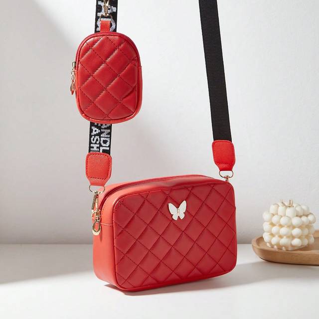 SHEIN Women&#39;s Butterfly Embroidered Rhombus Pattern Shoulder Bag With Inner Pouch, Butterfly Bag