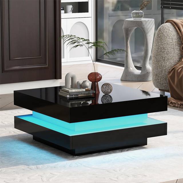 White Square High Gloss Coffee Table With 360° Rotating Top With 16-Color LED Light Tea Table - Black