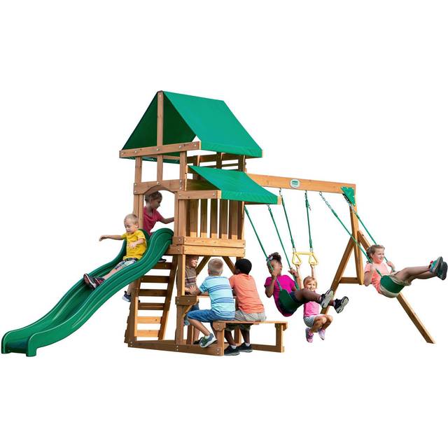 Backyard Discovery Belmont Cedar Wooden Swing Set with 3 Swings and 1 Slide - Green;Brown Wood