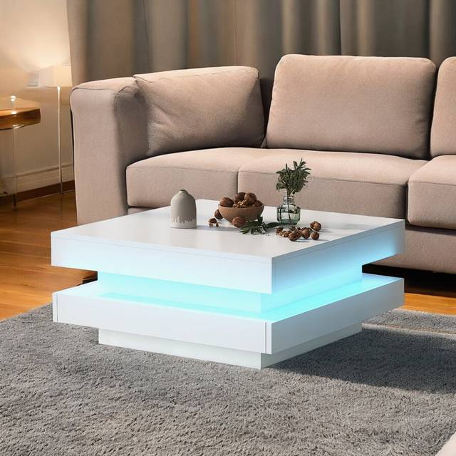 White Square High Gloss Coffee Table With 360° Rotating Top With 16-Color LED Light Tea Table