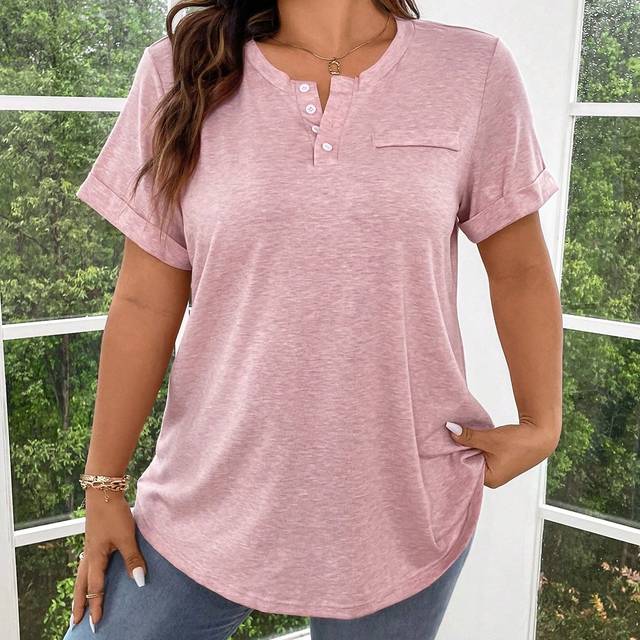 EMERY ROSE Plus Size Solid Color Half Button Front Cuffed Sleeve T-Shirt Henley Shirtpink Tshirtpink T Shirtpink Top Women