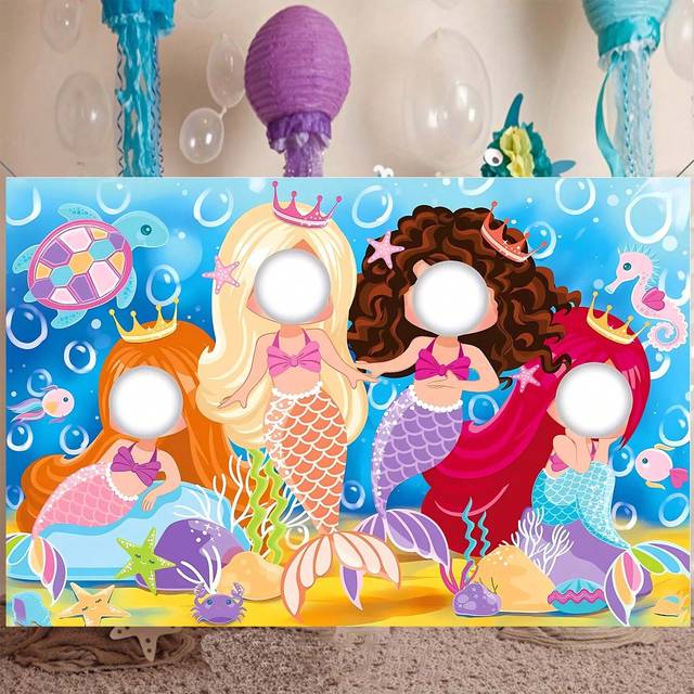 SHEIN 1.5*1/1*0.75M Mermaid Themed Party Decoration Fun Photo Backdrop Vinyl Background Cloth,Christmas