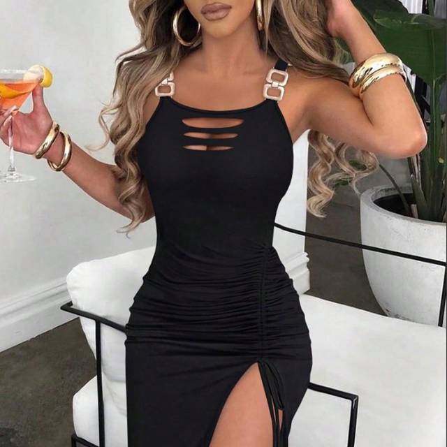 VaVaBold Summer Women Solid Color Strap Dress With Metal Embellishments And Drawstring At Chest