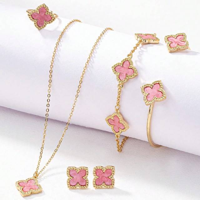 SHEIN 6 Pcs Four Leaf Clover Earring Necklace Bracelet Bangle Ring Jewelry Set For Women Valentines,Mom,Mother,Mother&#39;s Day,Gift