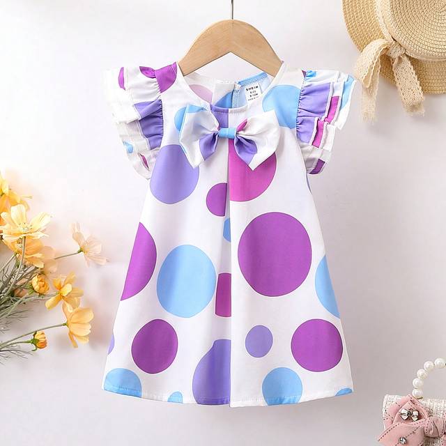 SHEIN Baby Girl Polka Dot Printed Three-Layer Ruffled Sleeve Dress With Bowknot Decoration For Summer
