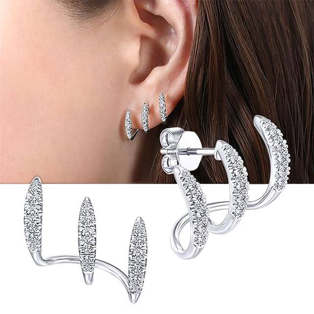 SHEIN 1pair Bridal Minimalist Arc Curve 3-Prongs Ear Cuff With Cubic Zirconia Stud Earring Casual Halloween