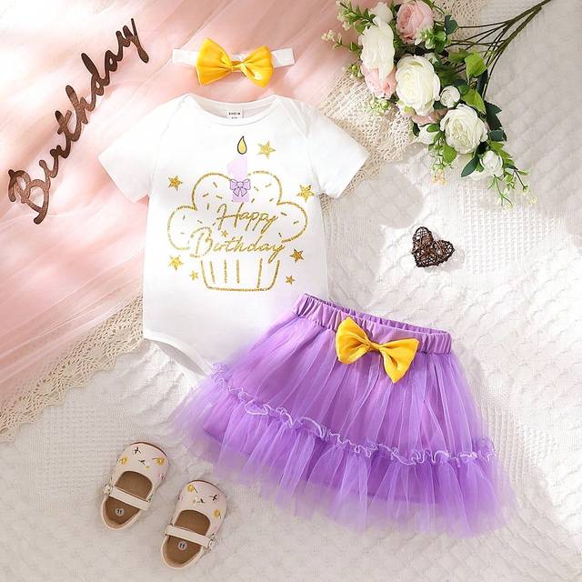 SHEIN Baby Girls&#39; Birthday Edition Mesh Top And Glitter Polka Dot Skirt Set