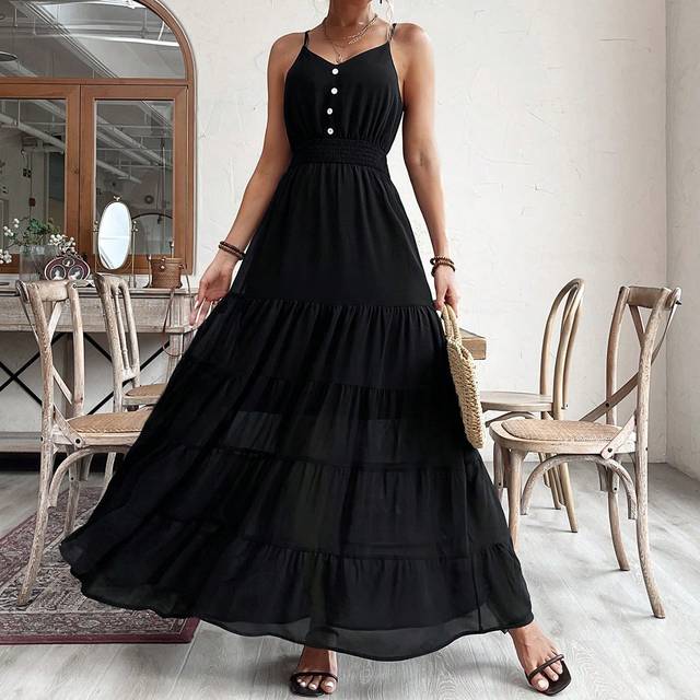 SHEIN Women Summer Holiday Spaghetti Strap Dress With Large Swing, Patchwork, Pleats, Lightweight, Waist-Cinching, And Button Decoration
