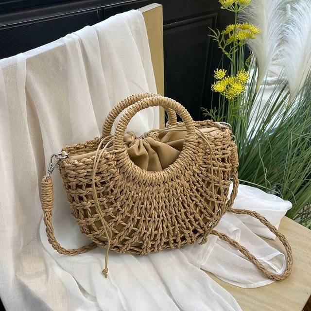 SHEIN 1pc Half-Moon Hollow Out Handbag, Fashionable Beach Vacation Straw Woven Bag,Vacation Bag For Summer, Perfect For Beach Vacation, Travel, Shopping, An