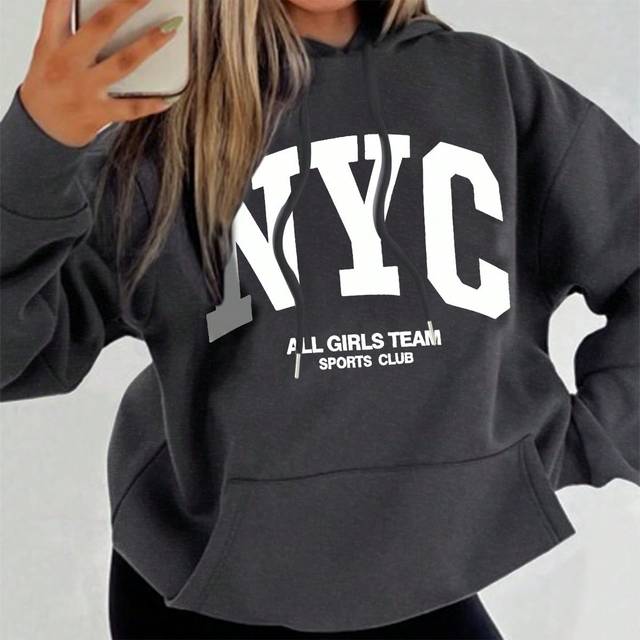INAWLY Women&#39;s Letter Print Drop Shoulder Drawstring Hooded Sweatshirt, Autumn Winter,Long Sleeve Tops