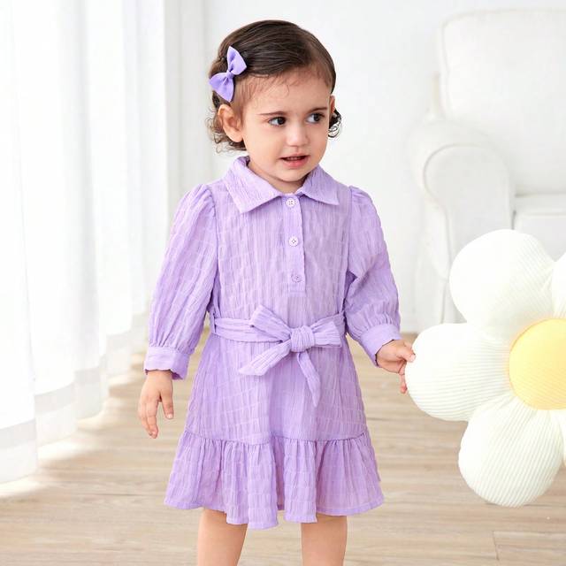 SHEIN Baby Girl Casual Solid Color Checked Texture Dress With Ruffle Collar, Waist Belt Design