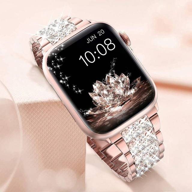 SHEIN 1PC Women Luxury Bling Rhinestone Crystal Stainless Steel Pink Metal Watch Band Compatible With Apple Watch Series 11 10 9 8 7 SE 6 5 4 3 2 1 Ultra 3/