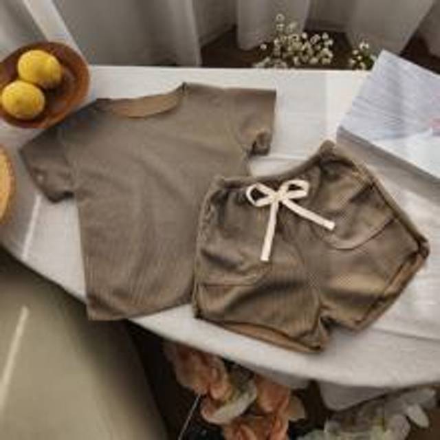 Sommar Baby Flickor Våffelkläder Set Småbarn Barn Barn Oversized T-shirt +Shorts Outfit Set - Olivgrön (6-9M,12-18M,18-24M,2-3Y)