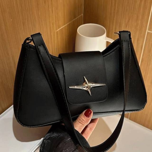 Silver Metallic Dekor Pu Läder Dragkedja Fransk Väska Fashionabel Casual Elegant Dam Stjärndekor Underarmsväska Mode Dam Snygg Hobo Handväska, Trendig - Svart