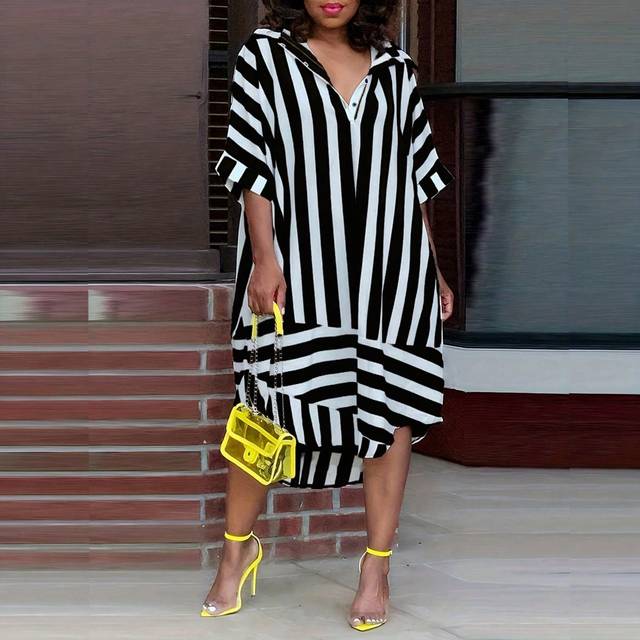 SHEIN Plus Size Striped Print Short Front Long Back Summer Casual Dress