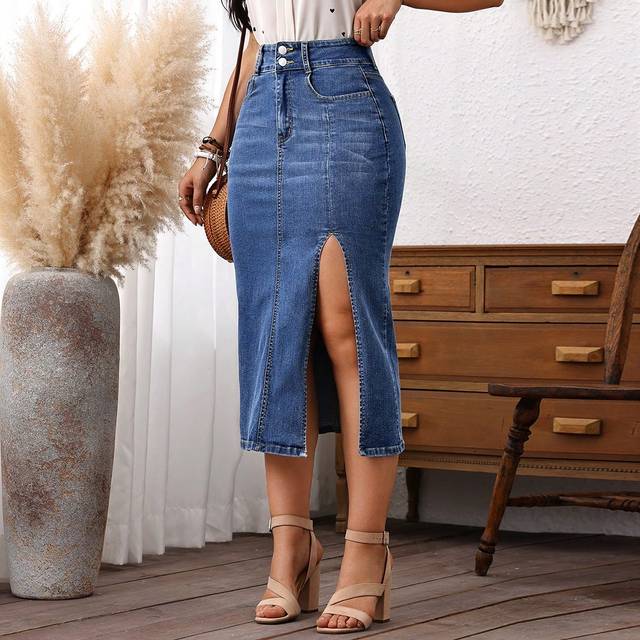 EMERY ROSE Ladies&#39; Long Elegant Denim Skirt With Side Slit And Pockets